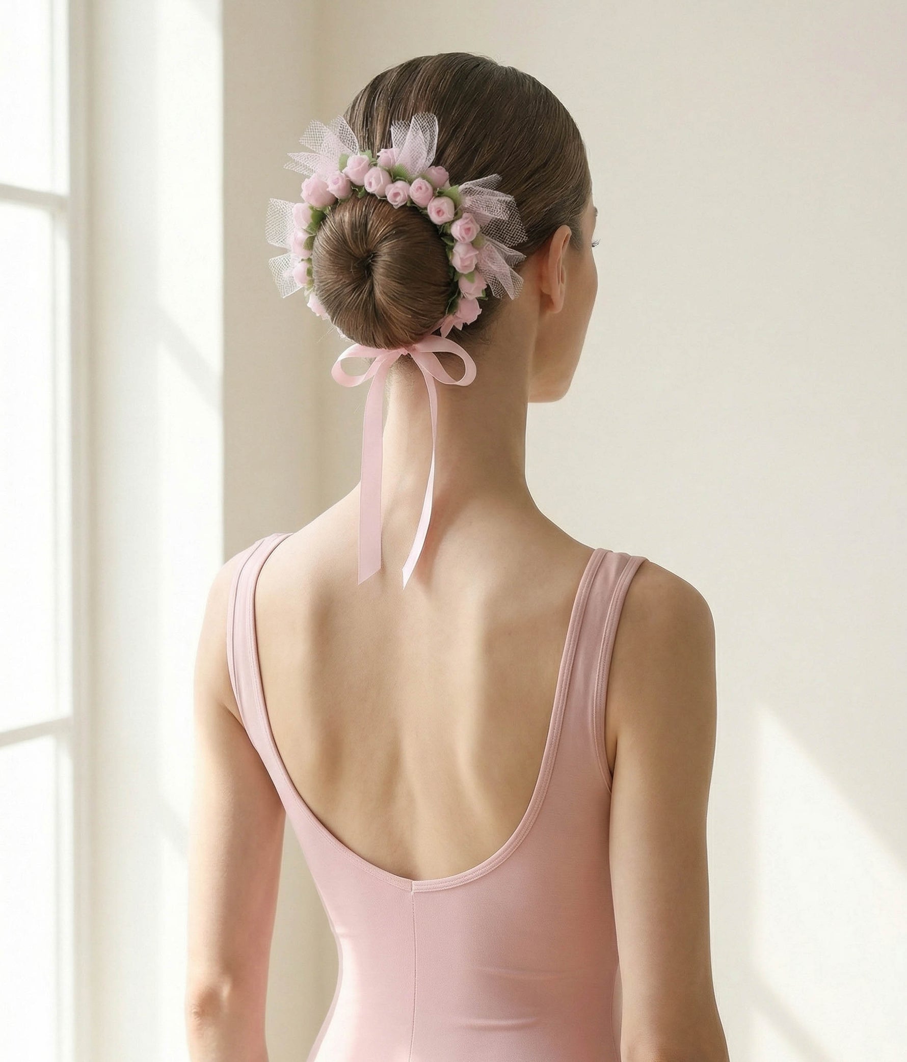 Ballerina with a floral hair accessory and pink dress on a plain background 