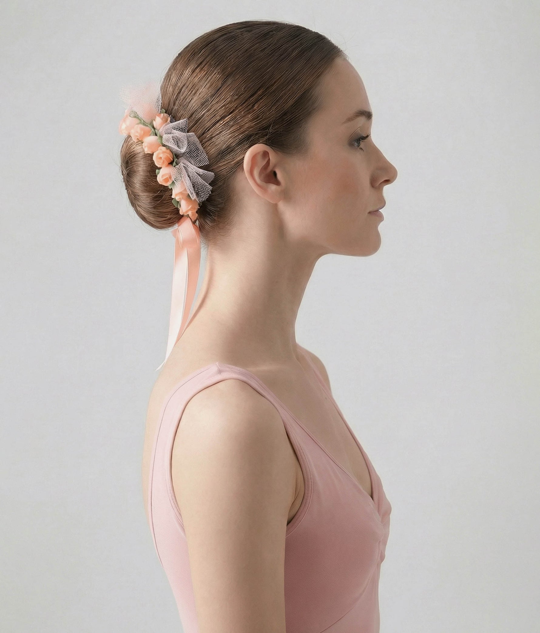 Ballerina with a floral hair accessory and pink dress on a plain background 