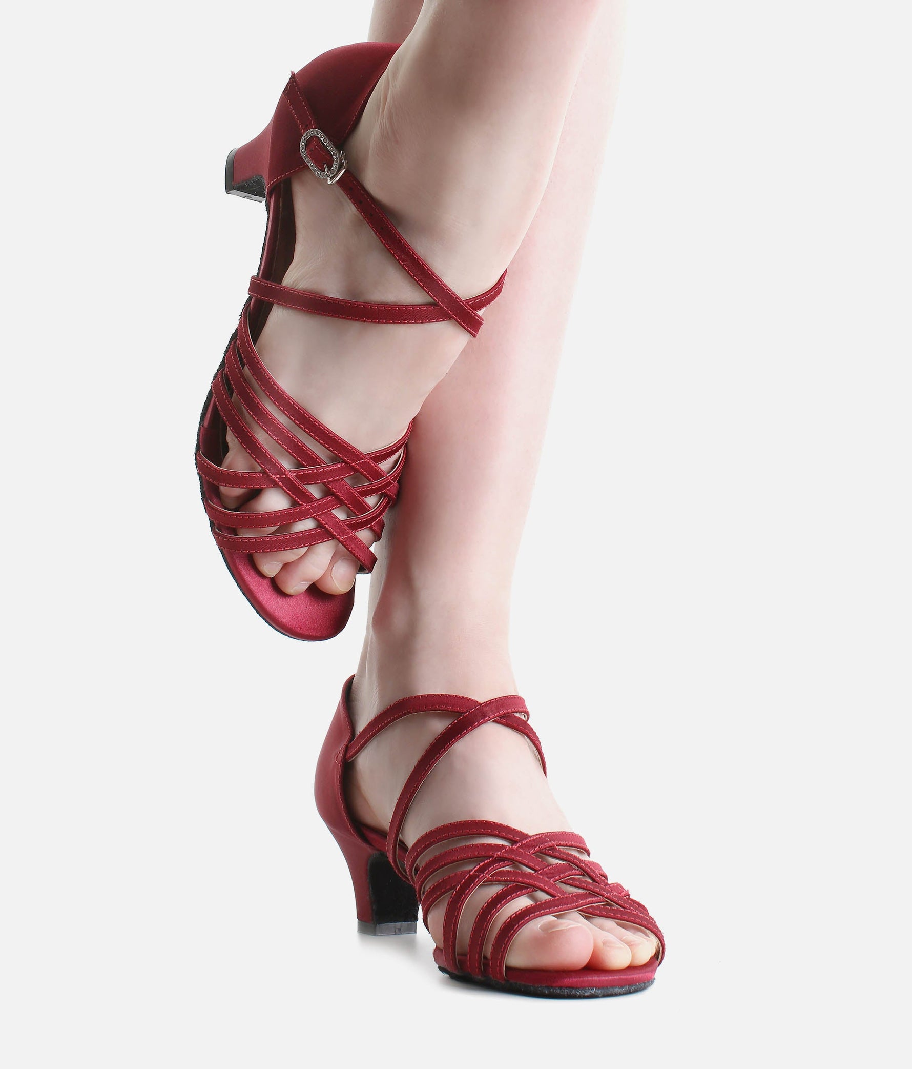 Low Heel Satin Ballroom Heels with Cross Straps & Diamante Buckle - BL180 #burgundy_3-UK